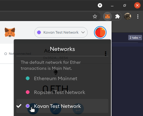 Screenshot showing the network selection menu in MetaMask. The Kovan Test Network is selected.